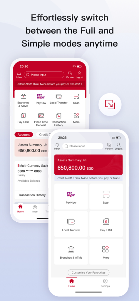 Comparison between the Full and Simple interface modes on the Bank of China mobile banking app