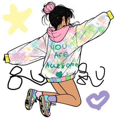 realistic girl jumping with a bun and oversized sweatshirt