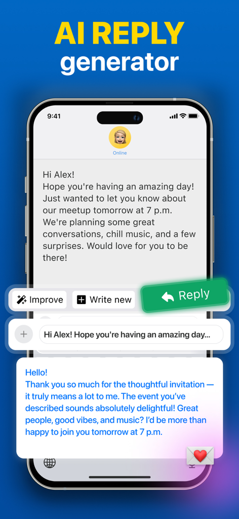 AI Translator Keyboard Instant - AI reply generator interface on a smartphone keyboard for instant messaging