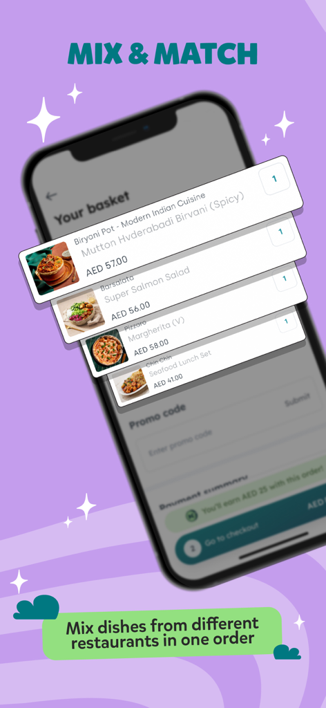 Interface do aplicativo Kitopi mostrando um único carrinho de compras contendo itens de comida de vários restaurantes diferentes.