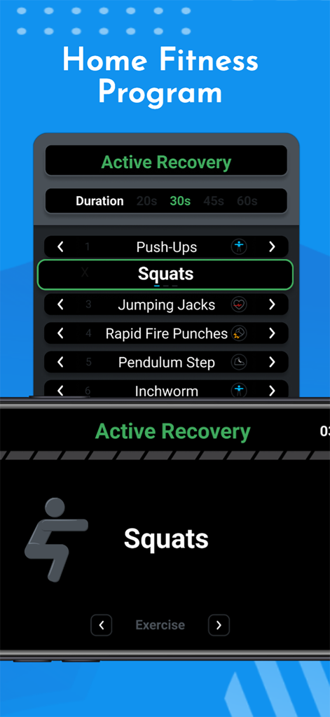 Mobile app interface showing a home fitness program with active recovery drills and a list of exercises including squats and pushups.