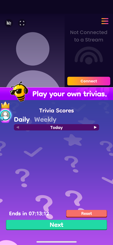 Beemi - Beemi app screen showing trivia scores and options to connect to a live stream