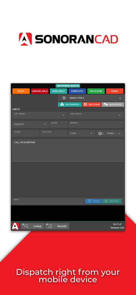 Sonoran CAD - A mobile interface for the Sonoran CAD app showing dispatch status buttons and call entry forms for gaming roleplay.
