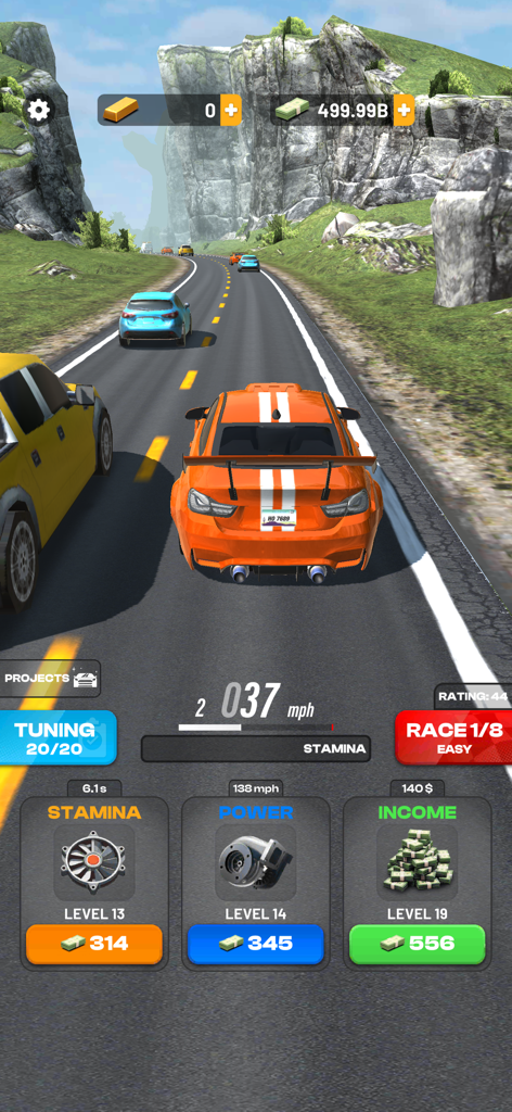Gameplay of Highway Overtake showing an orange car on a highway with a car upgrade menu at the bottom.
