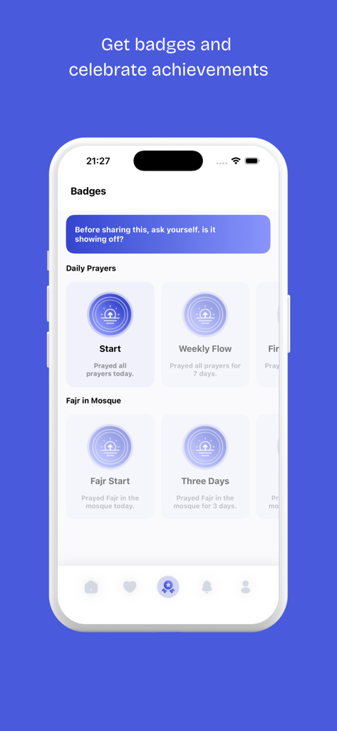 Prayer Pro - Muslim Prayers - Mobile app screen showing various badges for consistent prayer habits in Prayer Pro