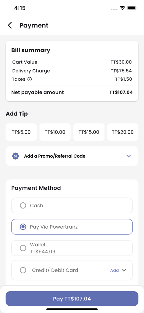 foodDROP app payment interface with bill summary and payment options