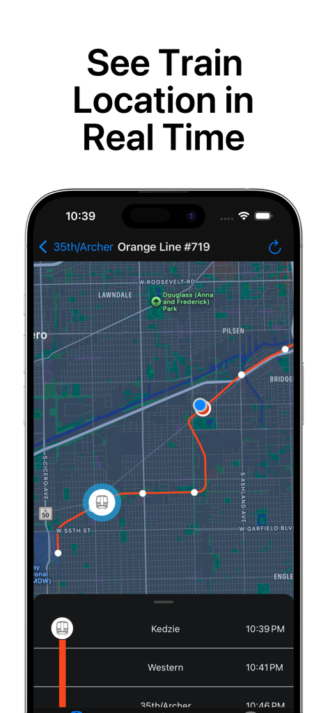 ChiGo - Chicago Trains & Buses - ChiGo app showing live CTA train tracking and arrival times on an interactive map