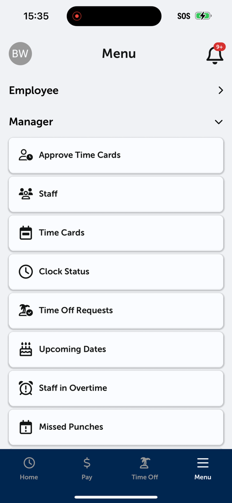 eSELFSERVE - The manager menu screen in the eSELFSERVE app showing options for approving time cards and viewing staff information.