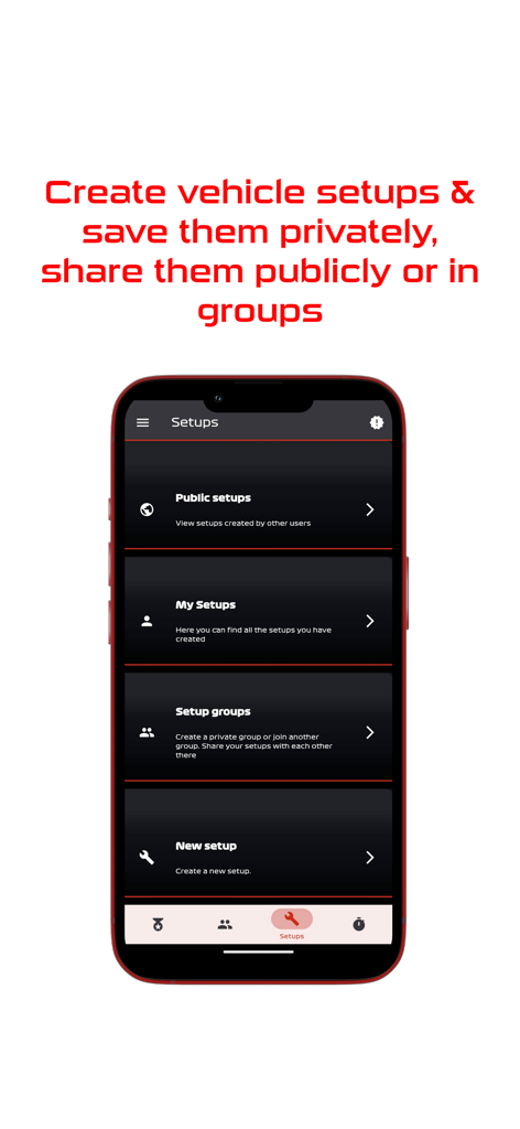 Formula Game Companion - Pantalla de la aplicación Formula Game Companion para crear y compartir configuraciones de vehículos.