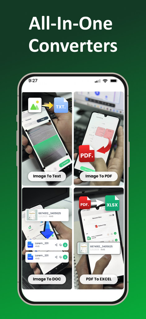 Image to Excel Converter－XLSX - Pantalla móvil que muestra múltiples opciones de conversión de documentos, incluyendo imagen a texto y PDF a Excel