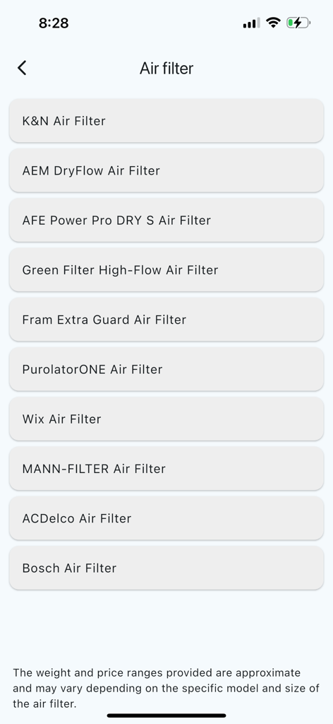 Car-Data - Une liste de différentes marques de filtres à air pour voiture disponibles dans l'écran de sélection de l'application Car-Data