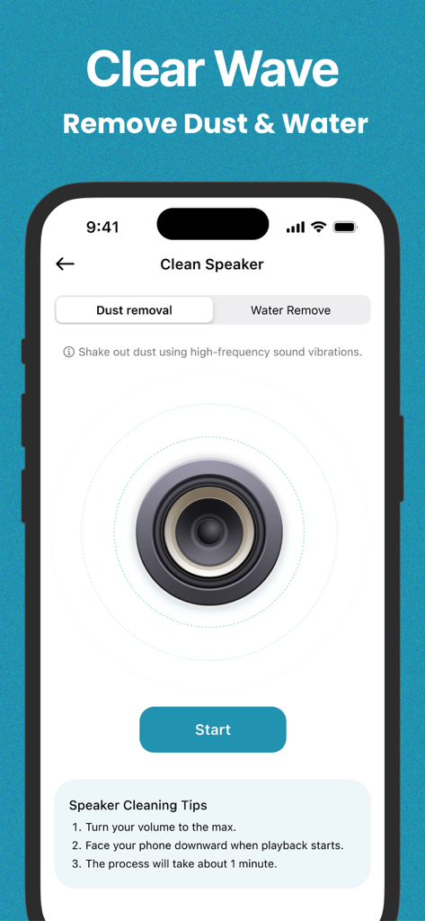 AI Cleaner - Free up Storage - AI Cleaner app speaker cleaning tool showing dust and water removal options