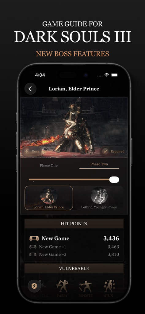 Game Guide for Dark Souls III - Mobile app screenshot showing boss stats and vulnerabilities for Lorian Elder Prince in Dark Souls III