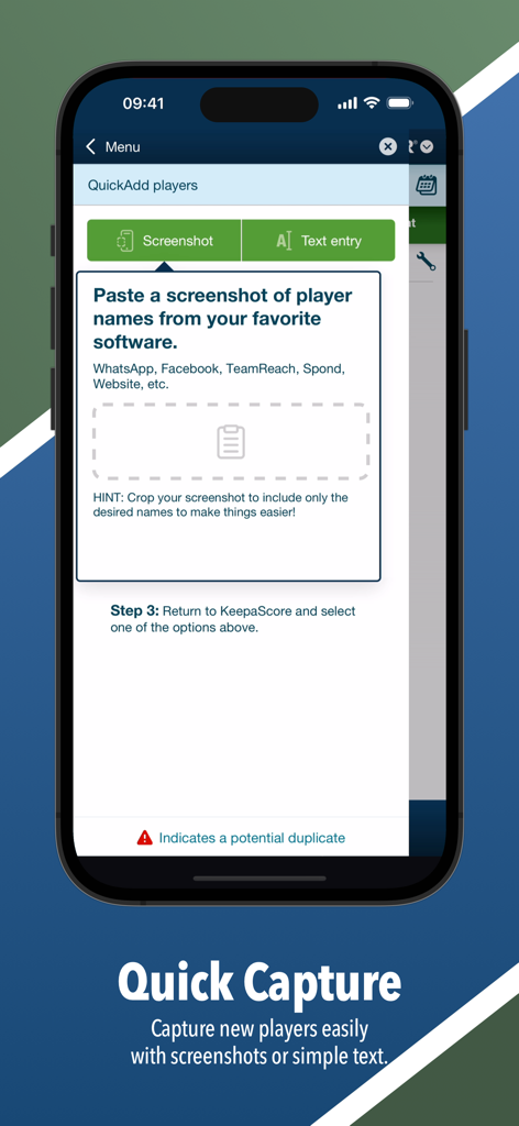 KeepaScore Pickleball Brackets - KeepaScore app Quick Capture feature screen for importing pickleball players via screenshots and text