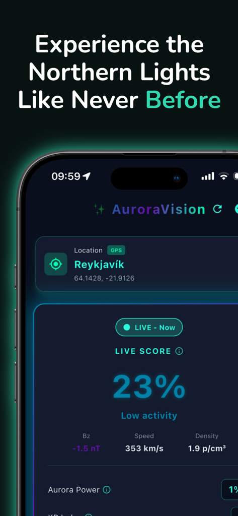 Aurora Vision - Interface do aplicativo móvel Aurora Vision mostrando a pontuação ao vivo da aurora boreal e o nível de atividade para Reykjavik