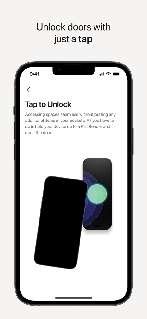 Kisi - A smartphone screenshot of the Kisi app showing the Tap to Unlock feature for contactless office door access.