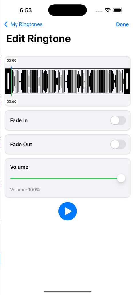 Set Ringtone - Interfaz de la aplicación Set Ringtone mostrando herramientas de edición de audio como visualización de forma de onda y deslizadores de volumen