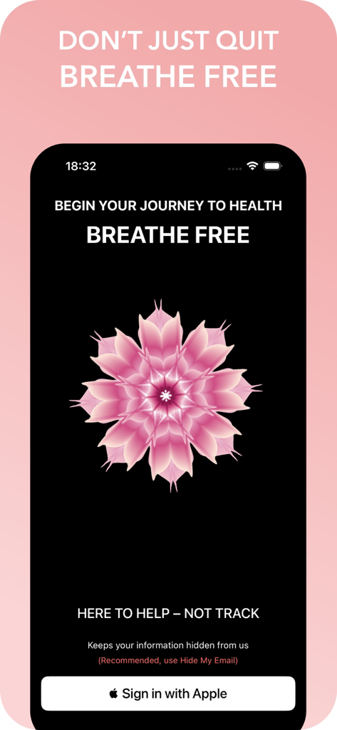 Onboarding screen of the Eleos quit smoking app featuring a pink flower icon and a sign in with apple button