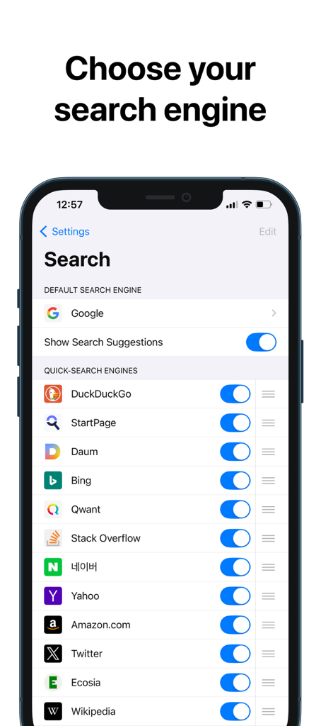 RedApp Browser - RedApp Browser settings screen showing options to choose a default search engine and customize quick search engines like Google and DuckDuckGo