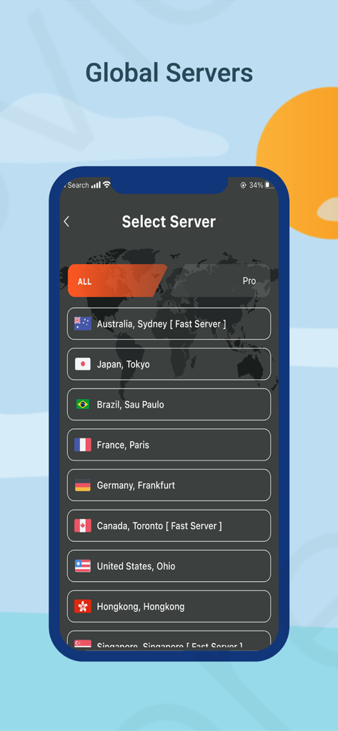 Speed VPN and Private Browser - Ein Screenshot der Speed VPN-App, der eine Liste globaler Serverstandorte wie Australien, Japan und USA anzeigt.