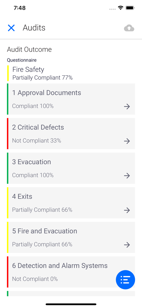 Interface de l'application mobile Evotix Roam affichant les scores de conformité et les résultats de l'audit de sécurité incendie.
