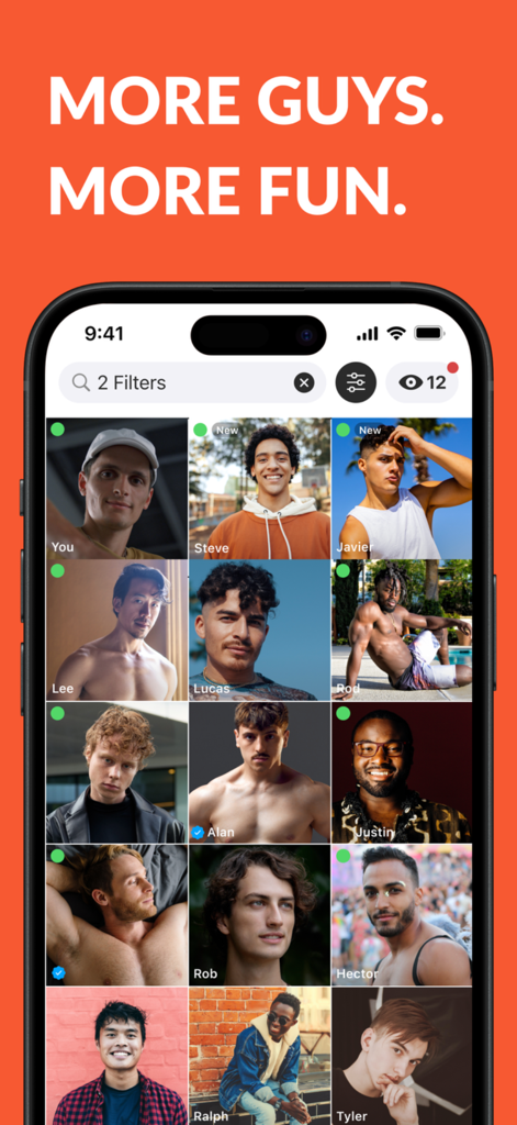 Hornet app screenshot showing a grid of diverse men profiles for gay dating and social networking