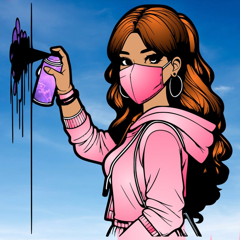 realistic girl with mask spray painting a wall