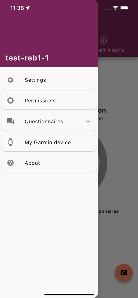Rebecca - Navigation menu of the Rebecca health research app showing options for settings permissions questionnaires and garmin device integration