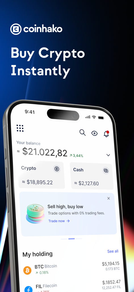 Coinhako mobile app dashboard displaying total balance and cryptocurrency holdings