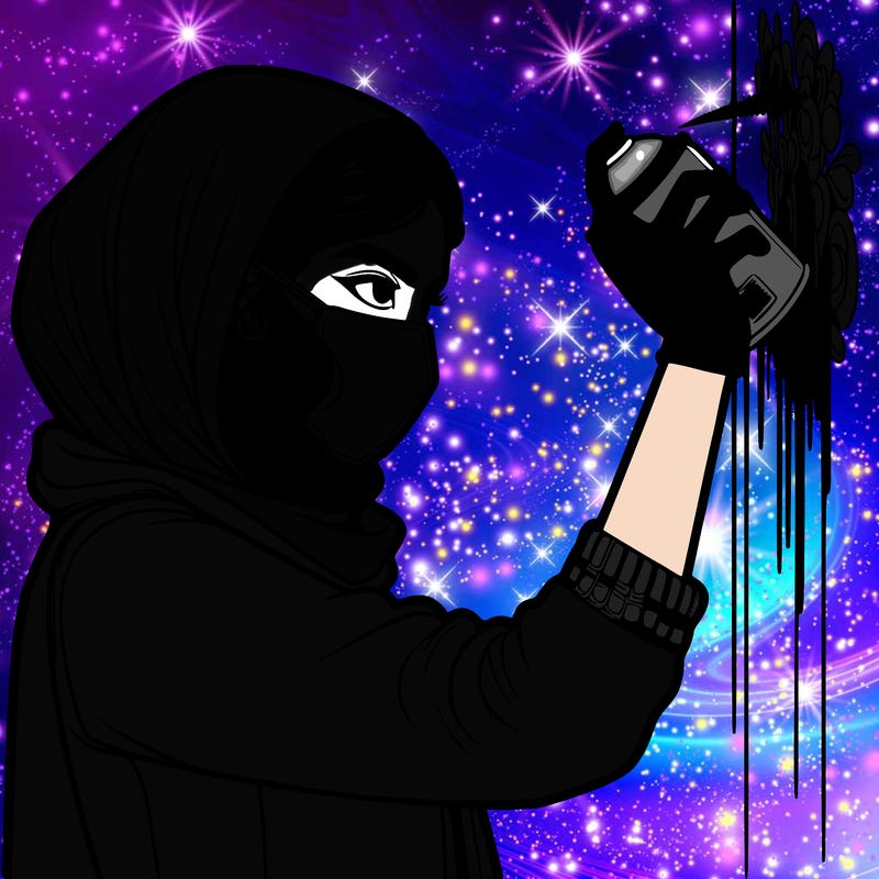 realistic girl with mask spray painting a wall