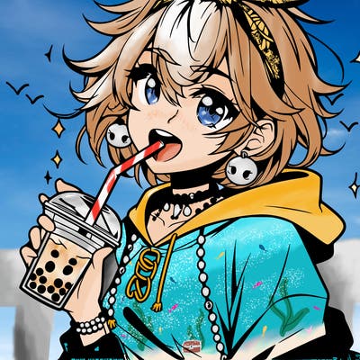 hot baddie anime girl drinking boba and biting the straw