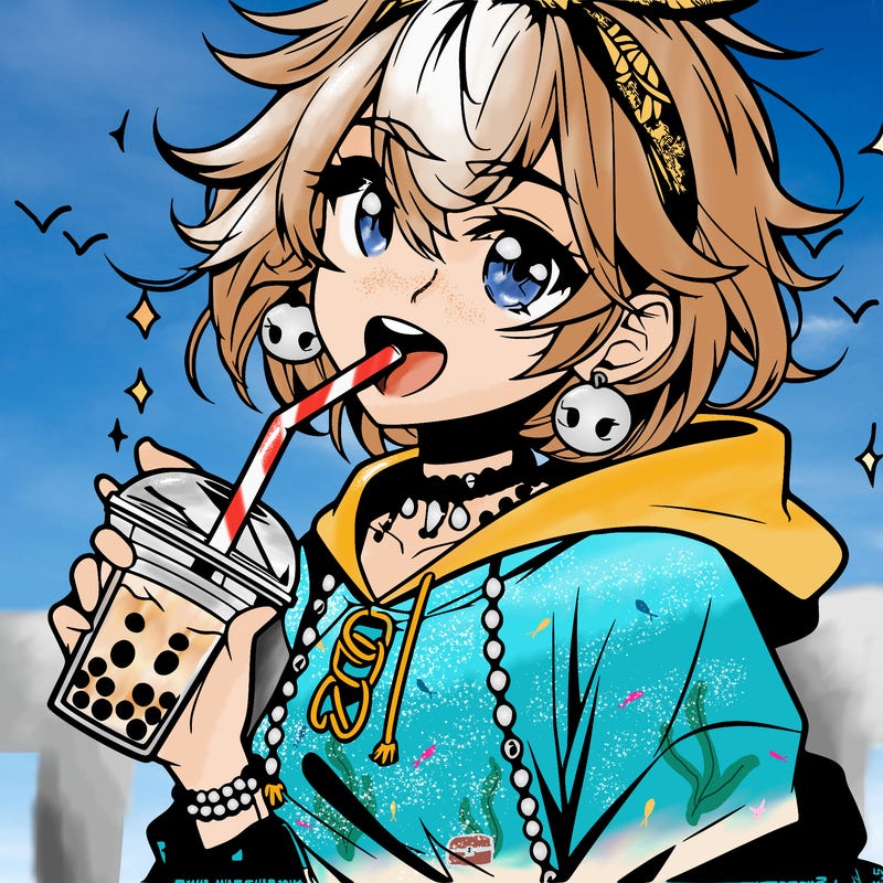 hot baddie anime girl drinking boba and biting the straw