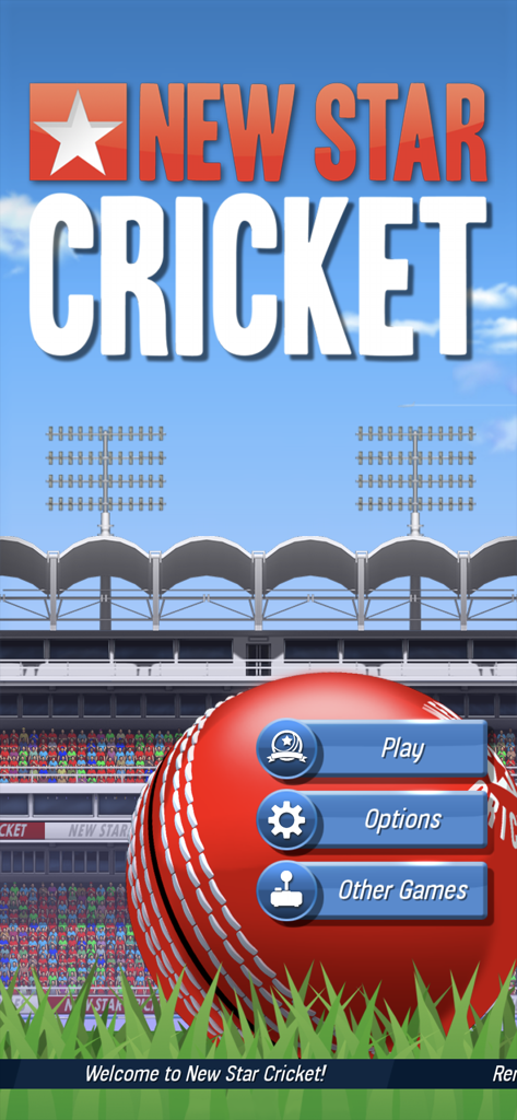 La pantalla del menú principal de la aplicación móvil New Star Cricket con una gran pelota de críquet con los botones Play y Options frente a un fondo de estadio.