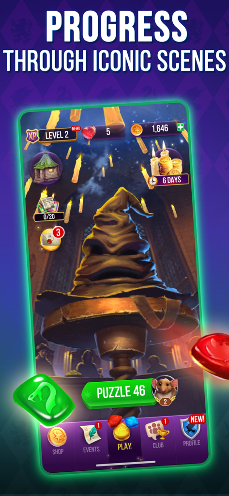 Harry Potter Puzzles and Spells mobile gameplay featuring the Sorting Hat in the Great Hall with the text Progress Through Iconic Scenes