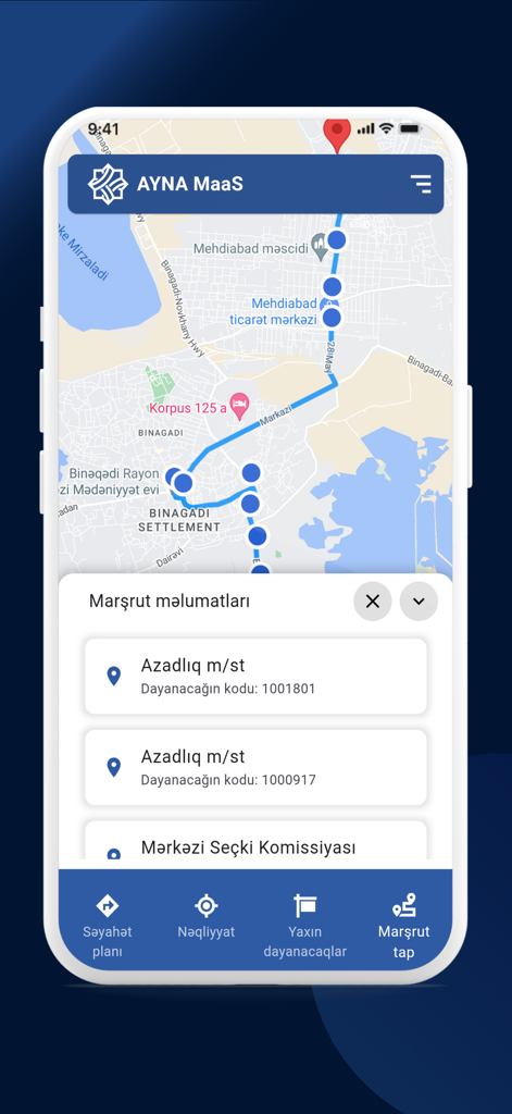 AYNA MaaS - La interfaz de la aplicación AYNA MaaS muestra una ruta de transporte público en un mapa con una lista de próximas paradas de autobús.