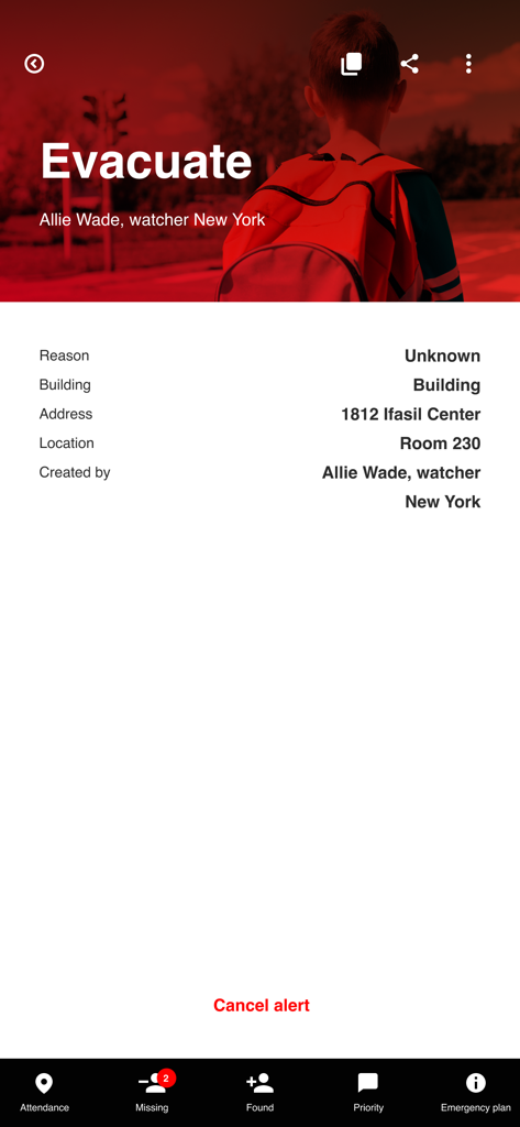 TAP App Sicherheit Evakuierungswarnbildschirm mit Details zum Vorfall und Symbolen für das Notfallmanagement