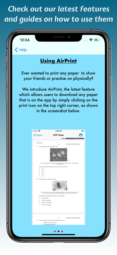 A+Papers: IB Exam Papers - A+Papers help screen showing instructions on how to use AirPrint for IB exam papers