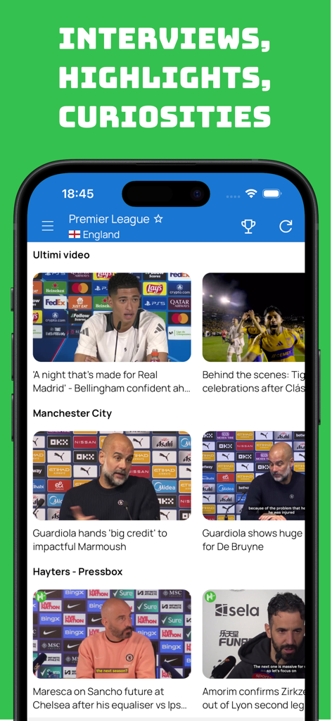 Live Action Soccer 2025/2026 - Schermata dello smartphone dell'app Live Action Soccer che mostra highlights video e interviste calcistiche