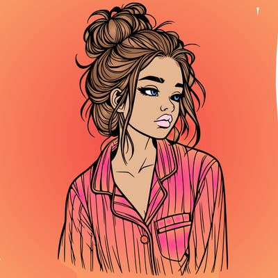 realistic woman with pajamas on and a messy bun