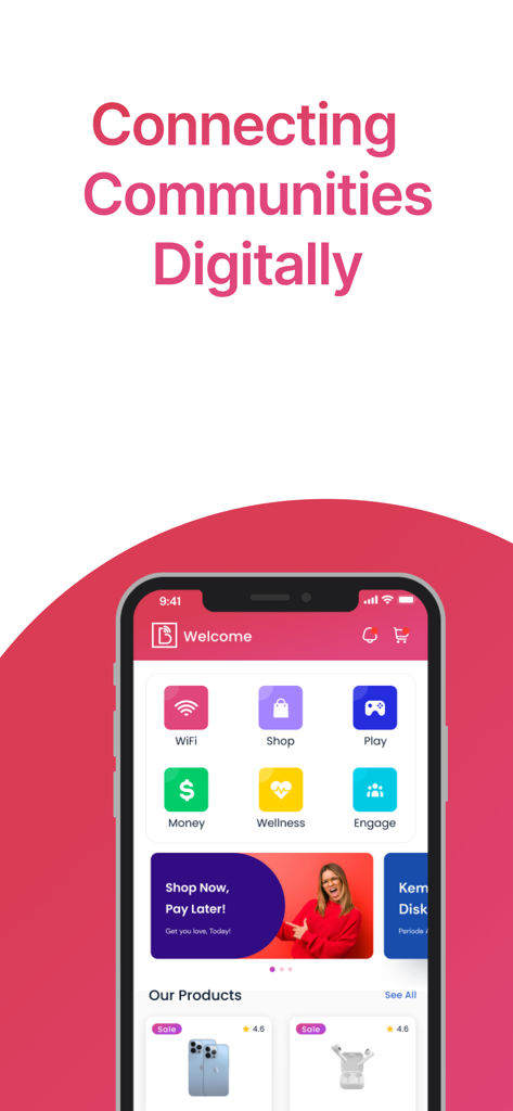 B2Connect mobile app home screen with shop now pay later banner and utility icons