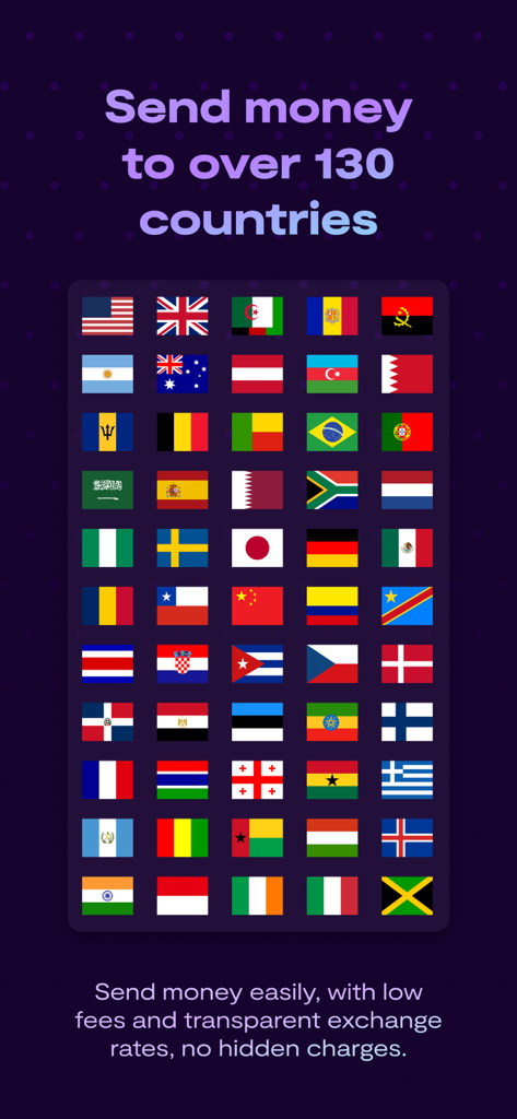 Chimoney App screen showing flags for international money transfers to over 130 countries
