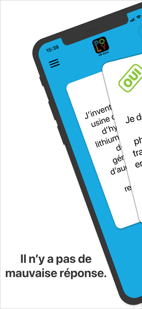 GO-Génie - Smartphone showing the GO-Génie app swiping card interface for engineering career selection