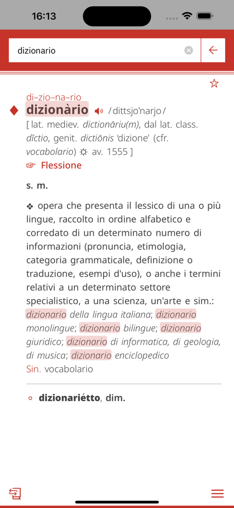 Definición de la palabra dizionario en la aplicación del diccionario de italiano Zanichelli
