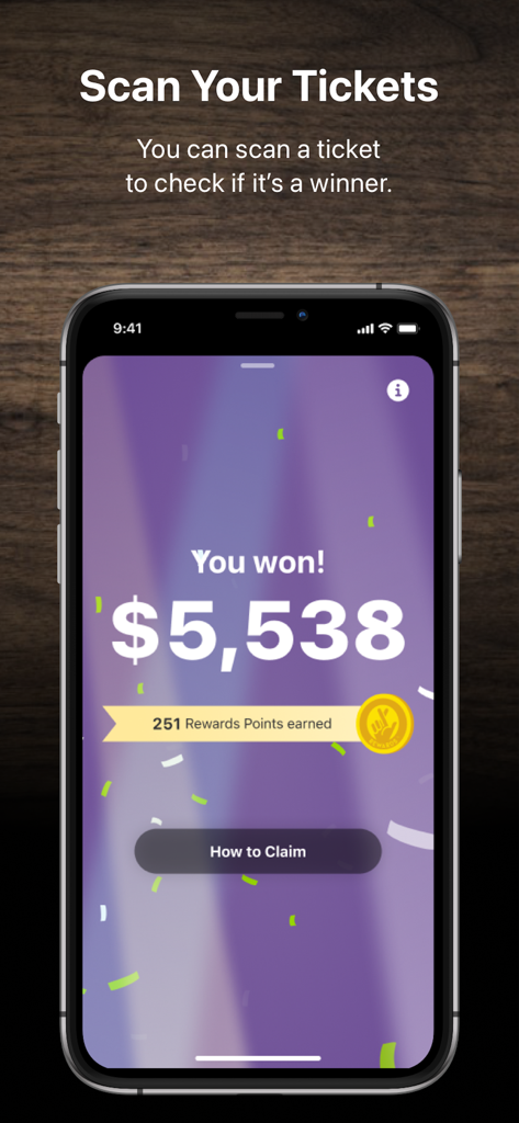 A smartphone displaying a winning result of five thousand dollars on the Virginia Lottery app.