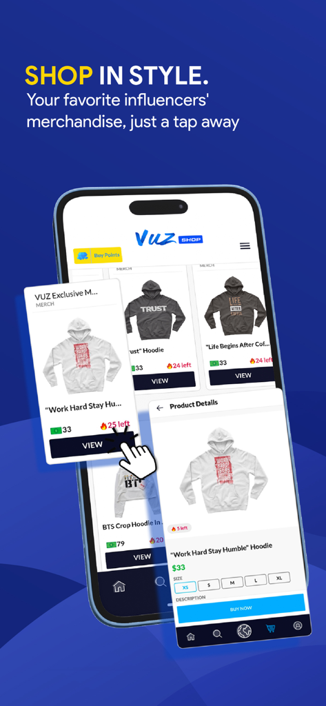 VUZ: Live 360 VR Videos - VUZ app shopping screen showcasing exclusive influencer hoodies and merchandise
