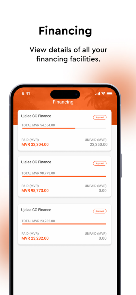 FaisaMobile by MIB - Financing section of the FaisaMobile app showing approved facilities and payment balances