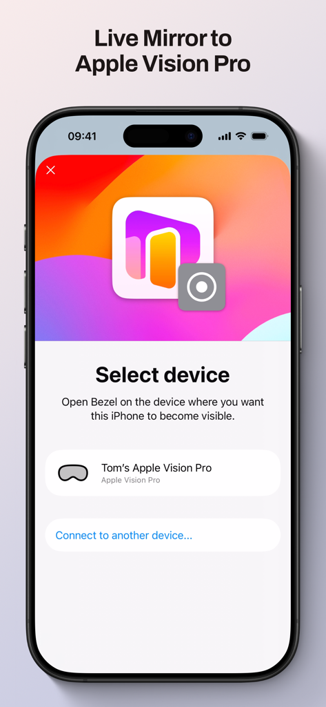 iPhone screen mirroring selection for Apple Vision Pro within the Bezel app