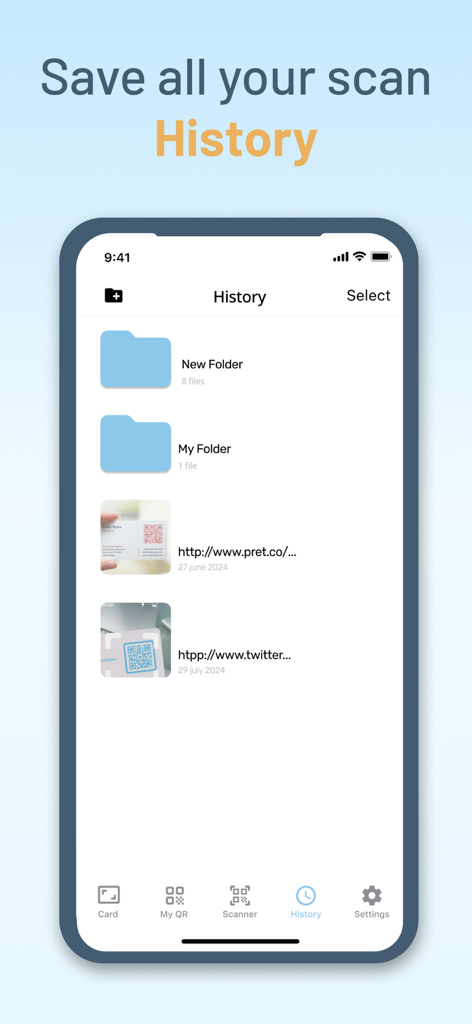 QR Code, Business Card Creator - Una interfaz de aplicación móvil que muestra la pantalla de historial de escaneos con carpetas y enlaces para organizar códigos QR y tarjetas de presentación.