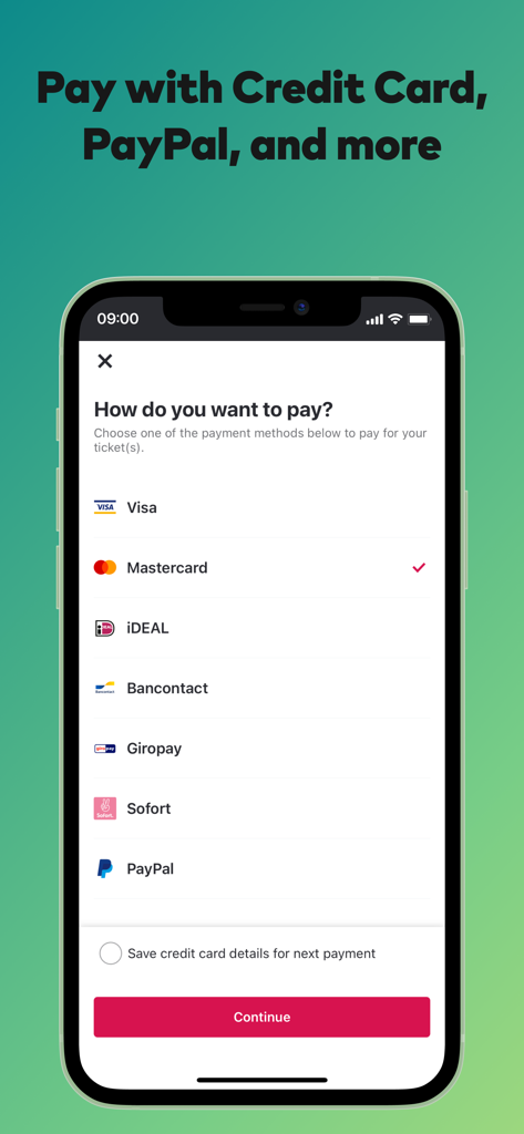 Glimble: public transport - Glimble app screen showing various payment methods including credit card and PayPal for public transport tickets