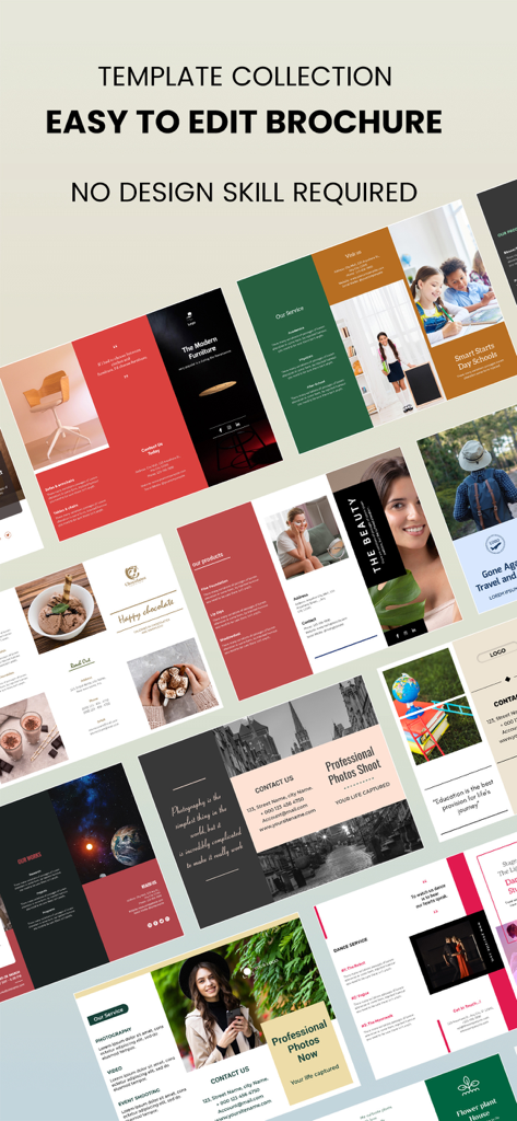 Brochure Maker - Infographic - A collage showing various professional brochure templates for different business categories